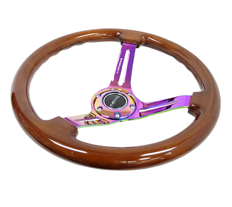 NRG Reinforced Steering Wheel (350mm / 3in. Deep) Brown Wood w/Blk Matte Spoke/Neochrome Center Mark Steering Wheels NRG