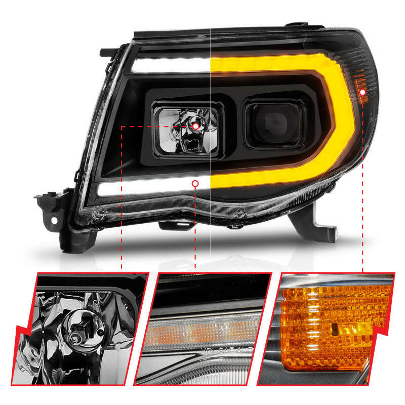 ANZO 05-11 Toyota Tacoma Projector Headlights w/Light Bar Switchback Black Housing Headlights ANZO