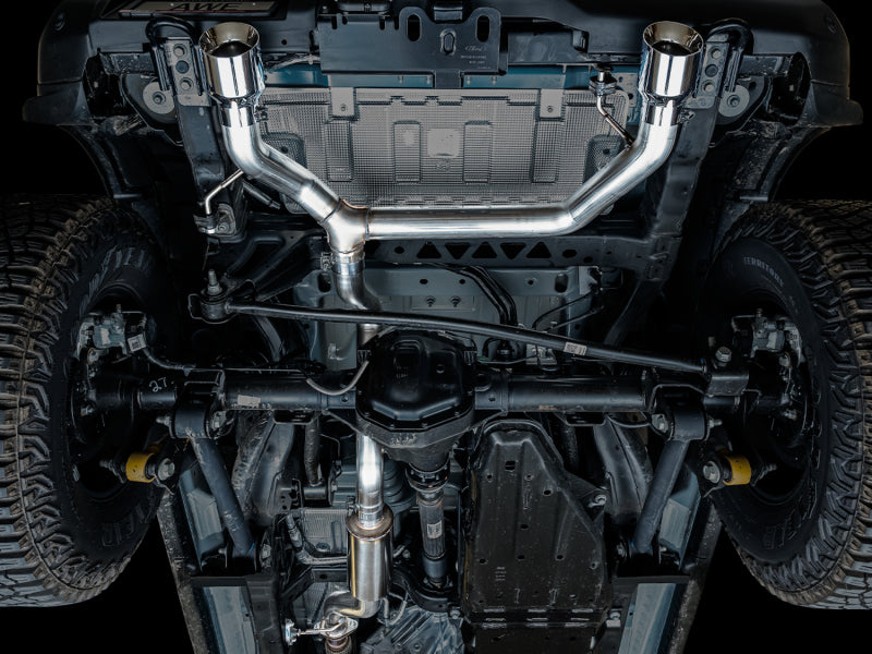 AWE Tuning 2021+ Ford Bronco 0FG Dual Rear Exit Exhaust w/Chrome Silver Tips & Bash Guard Catback AWE Tuning