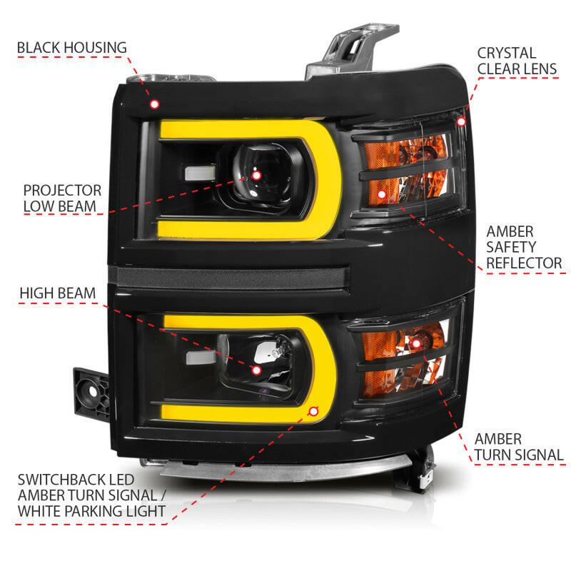 ANZO 14-15 Chevrolet Silverado 1500 Projector Headlights w/ Plank Style Switchback Black w/ Amber Headlights ANZO