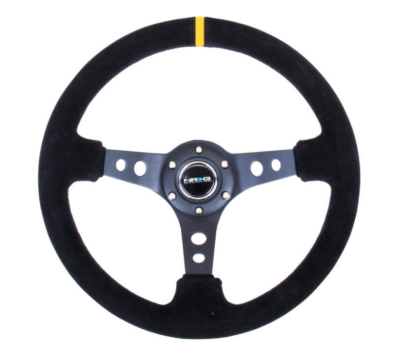 NRG Reinforced Steering Wheel (350mm / 3in. Deep) Blk Suede w/Circle Cut Spokes & Single Yellow CM Steering Wheels NRG