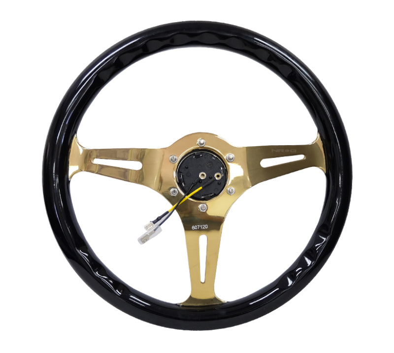 NRG Classic Wood Grain Steering Wheel (350mm) Black Grip w/Chrome Gold 3-Spoke Center Steering Wheels NRG