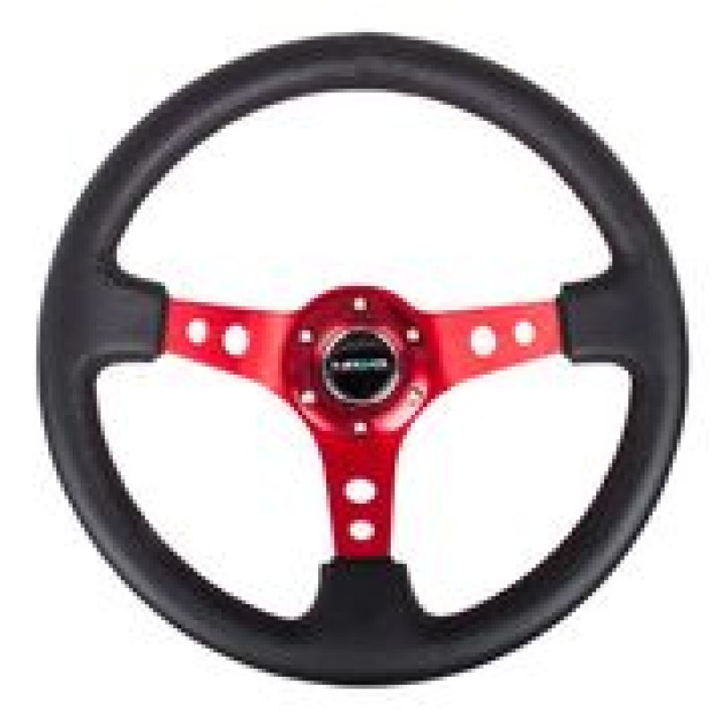 NRG Reinforced Steering Wheel (350mm / 3in. Deep) Blk Leather w/Red Circle Cutout Spokes Steering Wheels NRG