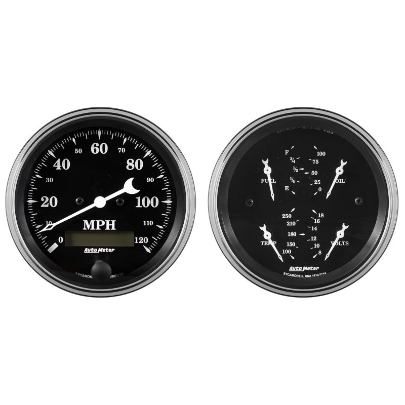 Auto Meter Gauge Kit 2 pc. Quad & Speedometer 3 3/8in Old Tyme Black Gauges AutoMeter