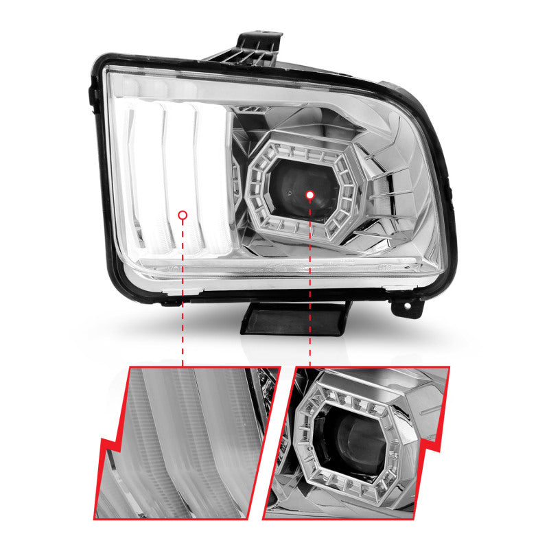 ANZO 05-09 Ford Mustang (w/Factory Halogen HL Only) Projector Headlights w/Light Bar Chrome Housing Headlights ANZO