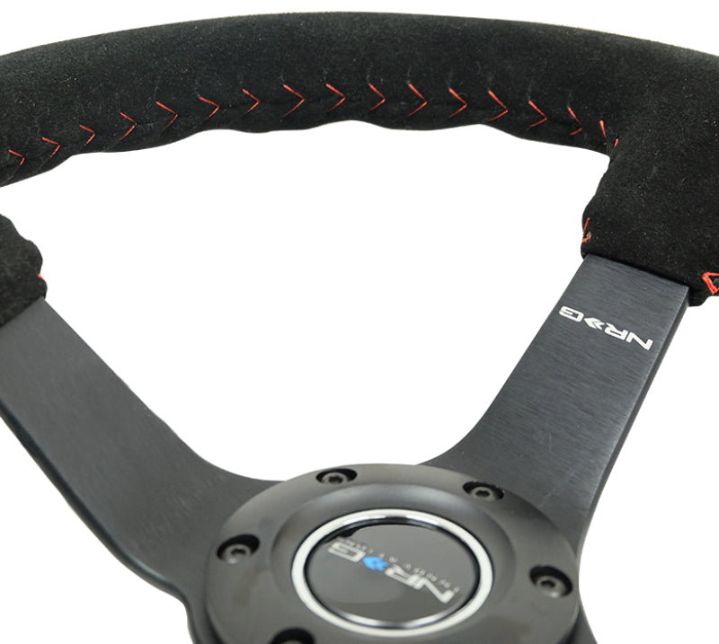 NRG Reinforced Steering Wheel (350mm / 3in. Deep) Blk Suede/Red BBall Stitch w/5mm Matte Blk Spokes Steering Wheels NRG