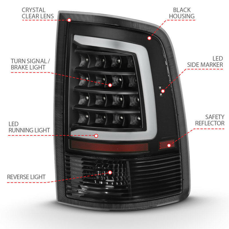 ANZO 2009-2018 Dodge Ram 1500 LED Taillight Plank Style Black w/Clear Lens Tail Lights ANZO