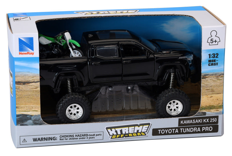 New Ray Toys Toyota Tundra Pro Lifted Truck Black with Kawasaki Dirt Bike 1:32 Scale Toys New Ray Toys