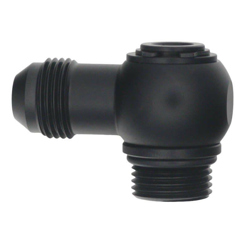 DeatschWerks 8AN ORB Male to 8AN Male Flare Low Profile 90-Degree Swivel - Anodized Matte Black Fittings DeatschWerks
