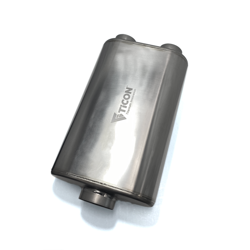 Ticon Industries 17in OAL 3in Thin Oval Matte Finish Titanium Muffler - 3in Center In/2.5in Dual Out Muffler Ticon