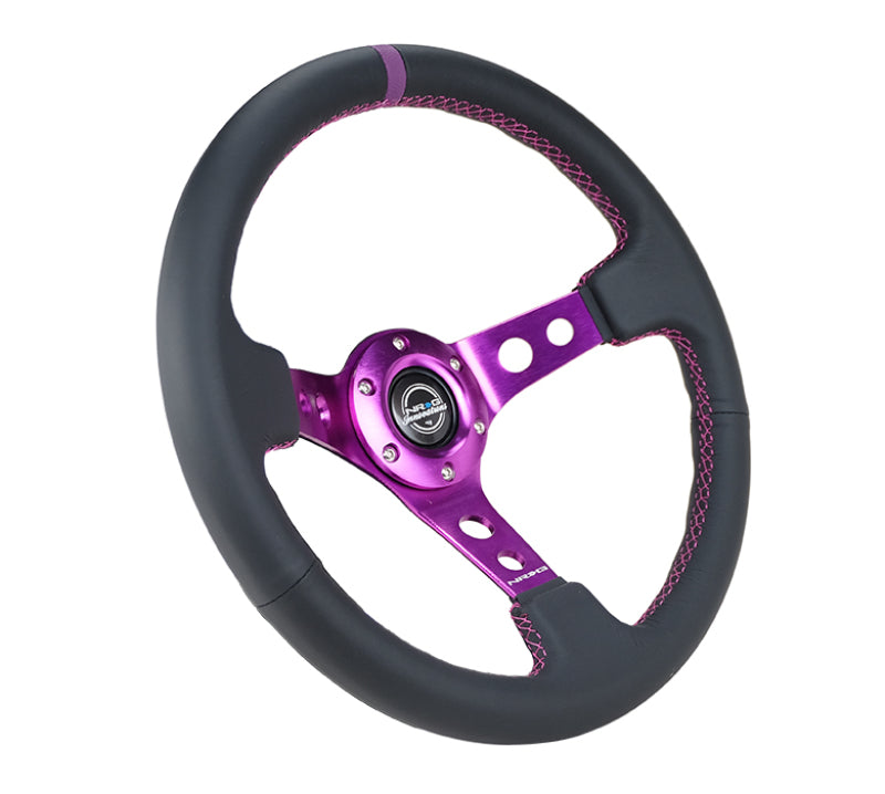 NRG Reinforced Steering Wheel (350mm / 3in. Deep) Black Leather w/Purple Center & Purple Stitching Steering Wheels NRG
