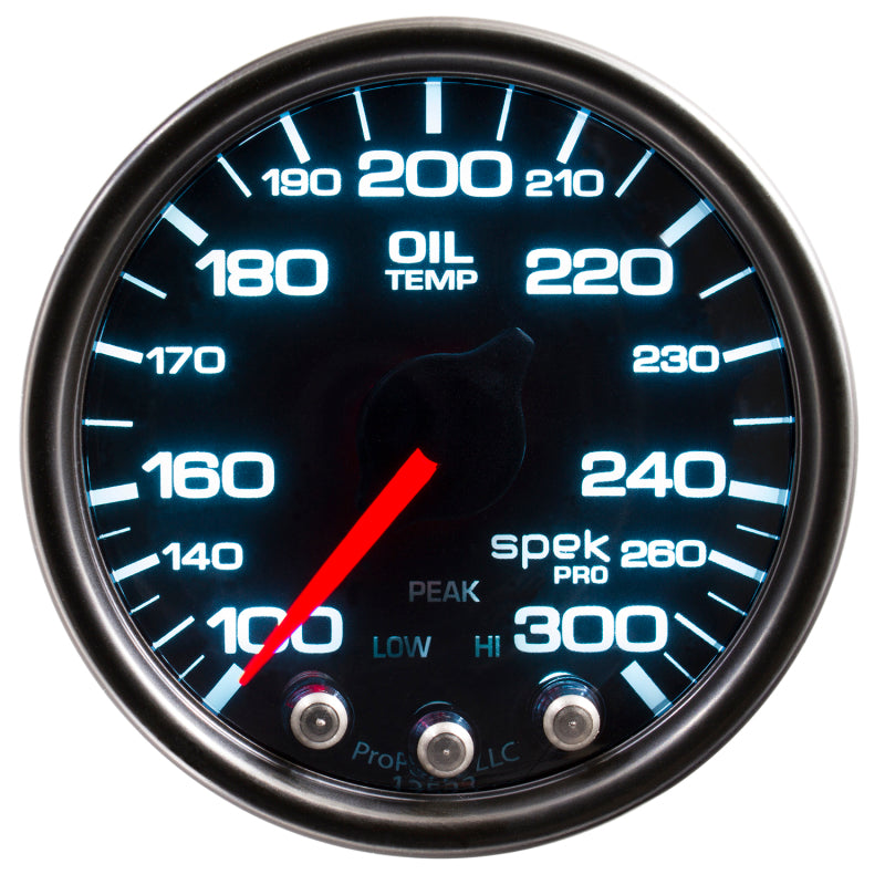 Autometer Spek-Pro Gauge Oil Temp 2 1/16in 300f Stepper Motor W/Peak & Warn Blk/Smoke/Blk Gauges AutoMeter