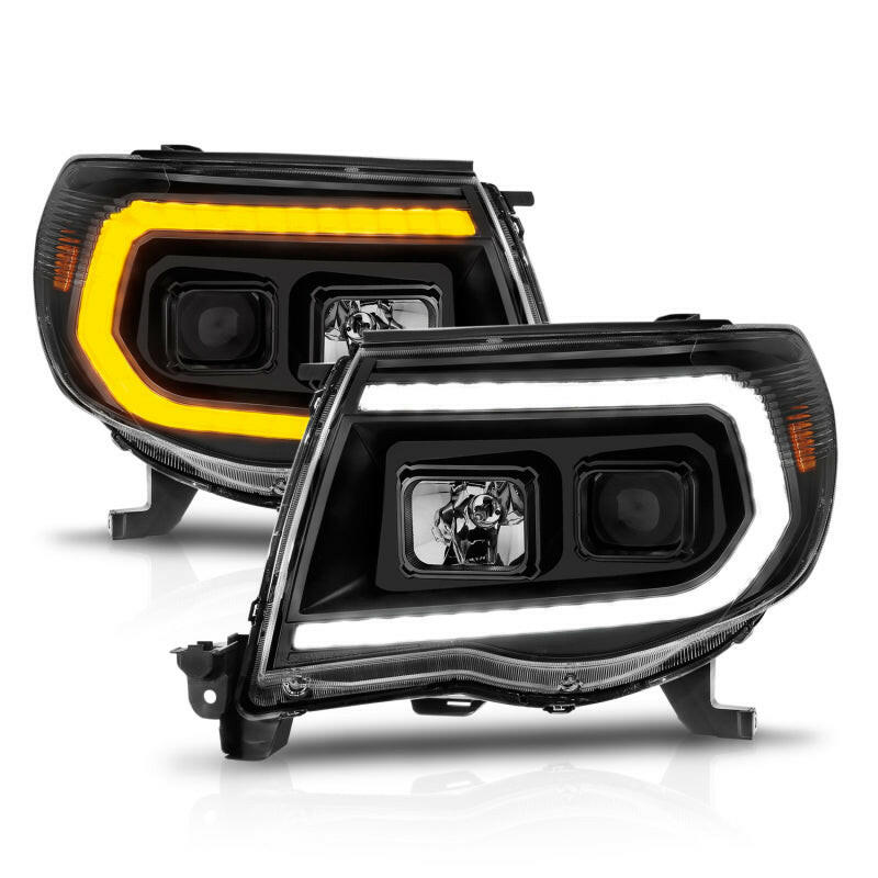 ANZO 05-11 Toyota Tacoma Projector Headlights w/Light Bar Switchback Black Housing Headlights ANZO