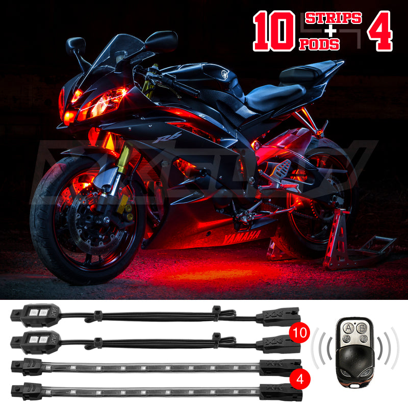 XK Glow Single Color XKGLOW LED Accent Light Motorcycle Kit Red - 10xPod + 4x8InStrips Light Accessories and Wiring XKGLOW