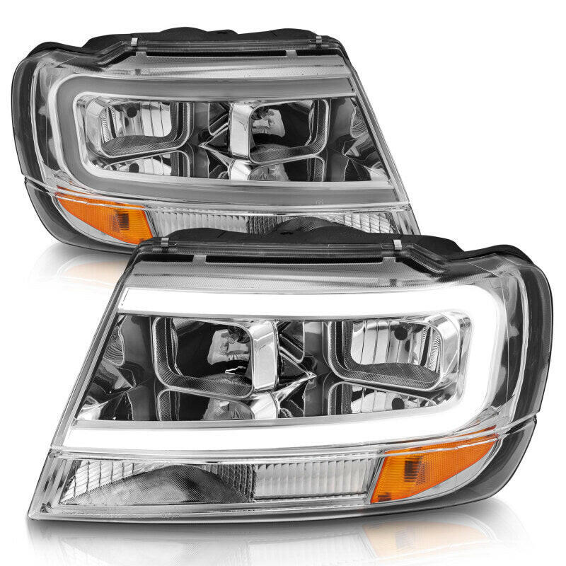 ANZO 1999-2004 Jeep Grand Cherokee Crystal Headlights w/ Light Bar Chrome Housing Headlights ANZO