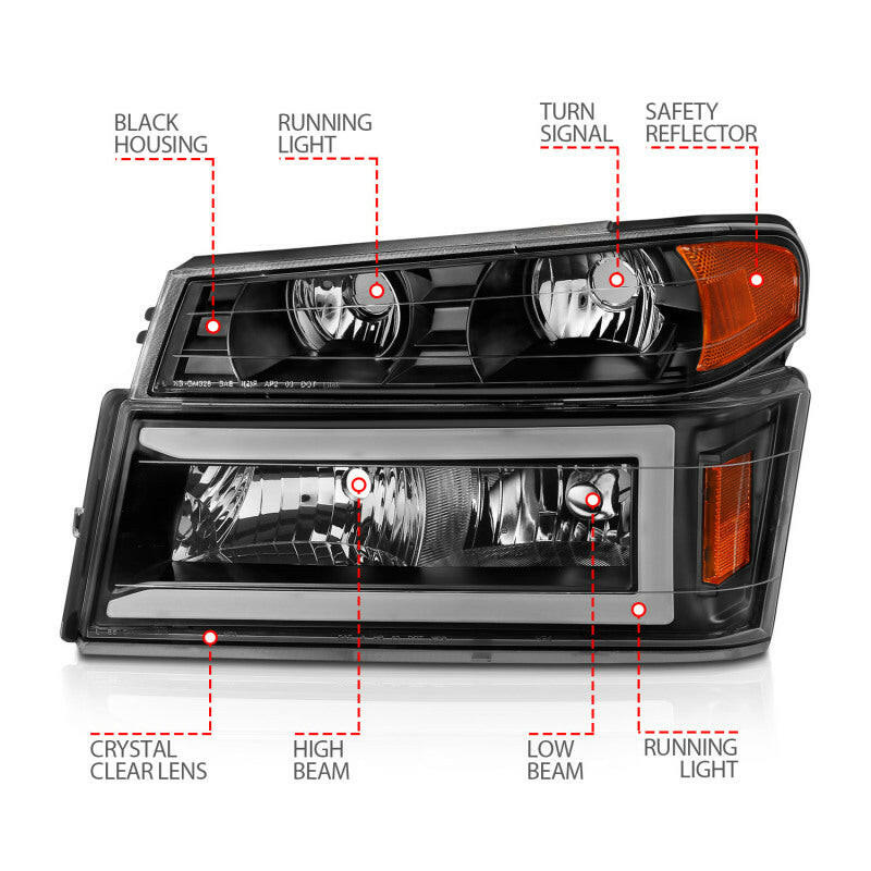 ANZO 04-12 GM Colorado/Canyon/I-Series Crystal Headlights - w/ Light Bar Black Housing 4pcs Headlights ANZO