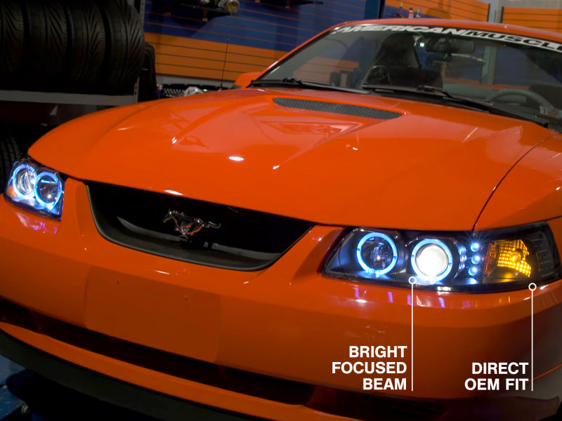 Raxiom 99-04 Ford Mustang Dual LED Halo Projector Headlights- Black Housing (Clear Lens) Headlights Raxiom