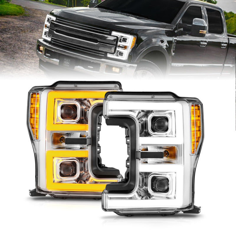 ANZO 17-19 Ford F-250/350/450 SD (w/o Factory LED HL) LED Proj Headlights w/Light Bar Switchback Chr Headlights ANZO