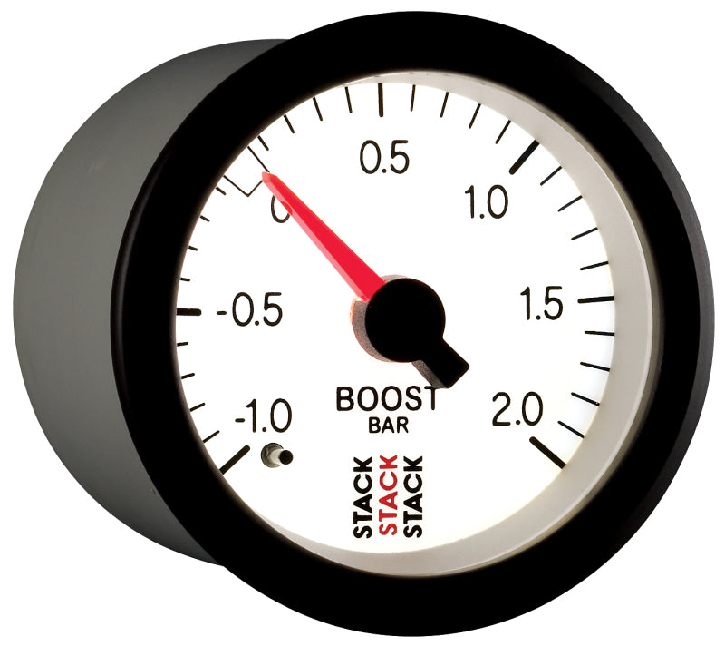 Autometer Stack 52mm -1 to +2 Bar T-Fitting 0.187in Barb (M) Mechanical Boost Pressure Gauge - White Gauges AutoMeter
