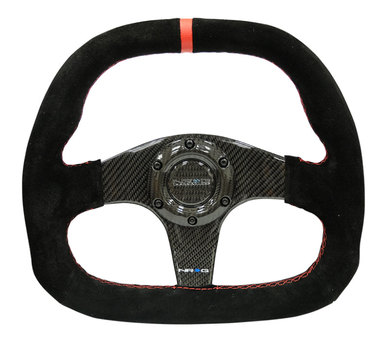 NRG Carbon Fiber Steering Wheel (320mm) Flat Btm. Blk Suede/Red Stitch w/CF Spokes & Red Center Mark Steering Wheels NRG