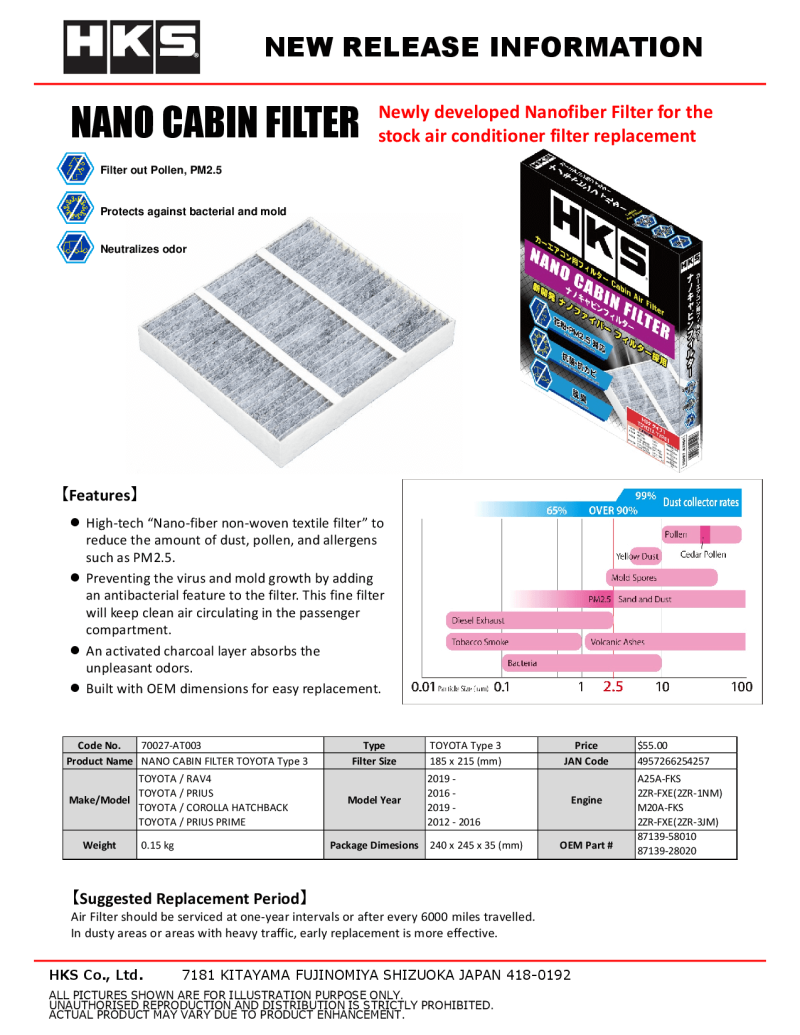 HKS Nano Cabin Filter Toyota Type3 Air Filters - Direct Fit HKS