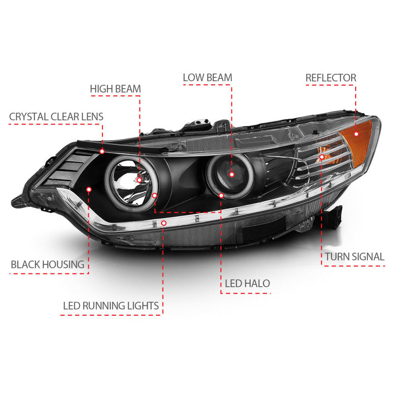 ANZO 2009-2012 Acura TSX Projector Headlights w/ Halo Black (CCFL) (HID Compatible) Headlights ANZO