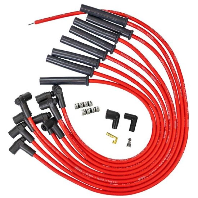 Moroso Ford 351C HEI-Style Cap Ultra 350 8mm Multi-Angle Boot Ignition Spark Plug Wire Set - Red Spark Plug Wire Sets Moroso