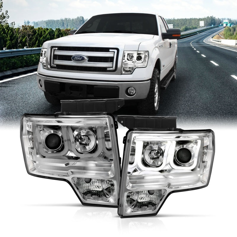 ANZO 2009-2014 Ford F-150 Projector Headlights w/ U-Bar Chrome Headlights ANZO