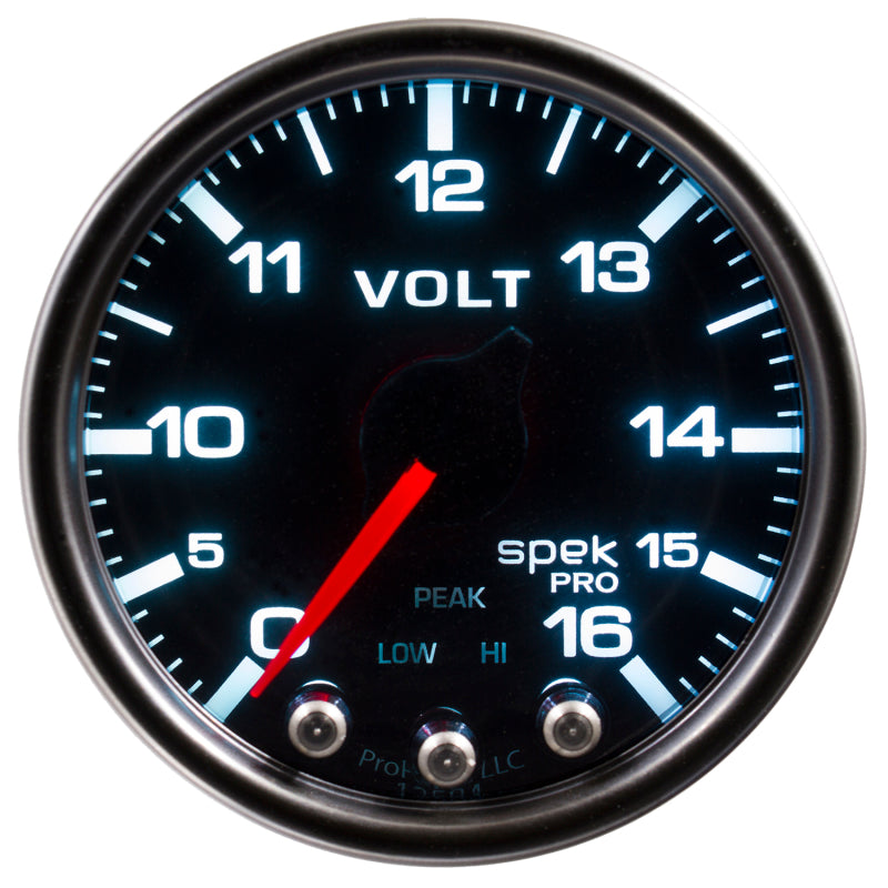 Autometer Spek-Pro Gauge Voltmeter 2 1/16in 16V Stepper Motor W/Peak & Warn Blk/Smoke/Blk Gauges AutoMeter