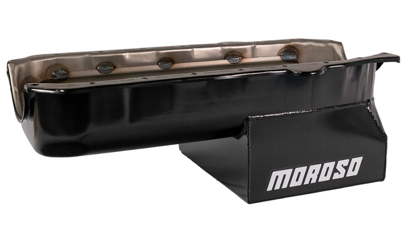 Moroso Pre-85 Chevrolet Small Block (w/Passenger Side Dipstick) Wet Sump 7qt 8in Steel Oil Pan - Blk Oil Pans Moroso