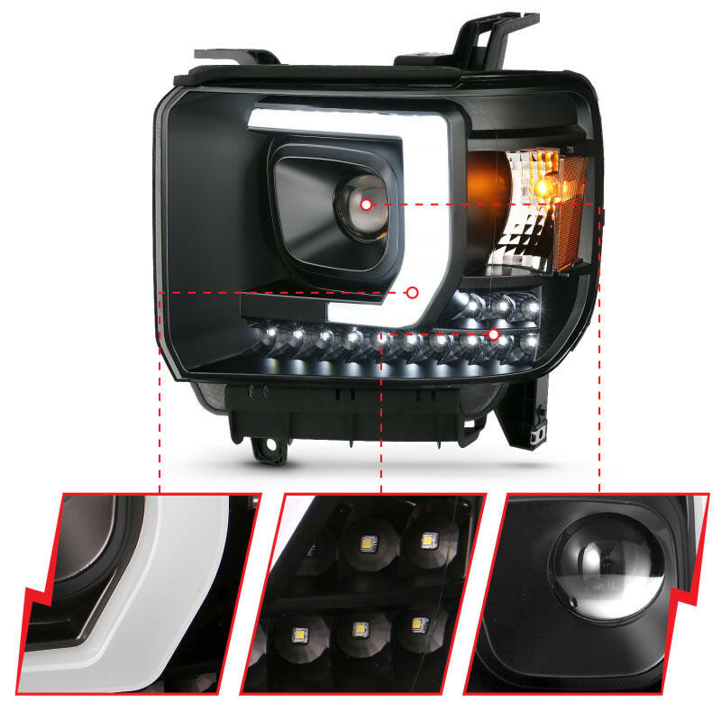 ANZO 2014-2015 GMC Sierra 1500HD Projector Plank Style Headlight Black W/ DRL Headlights ANZO