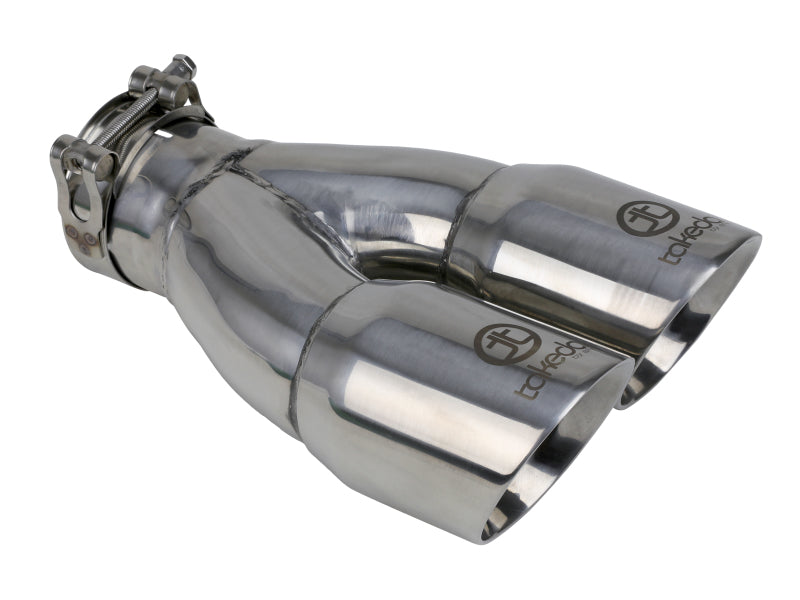 aFe Takeda 2.5in 304 Stainless Steel Clamp-on Exhaust Tip 2.5in Inlet 3in Dual Outlet - Polished Tips aFe