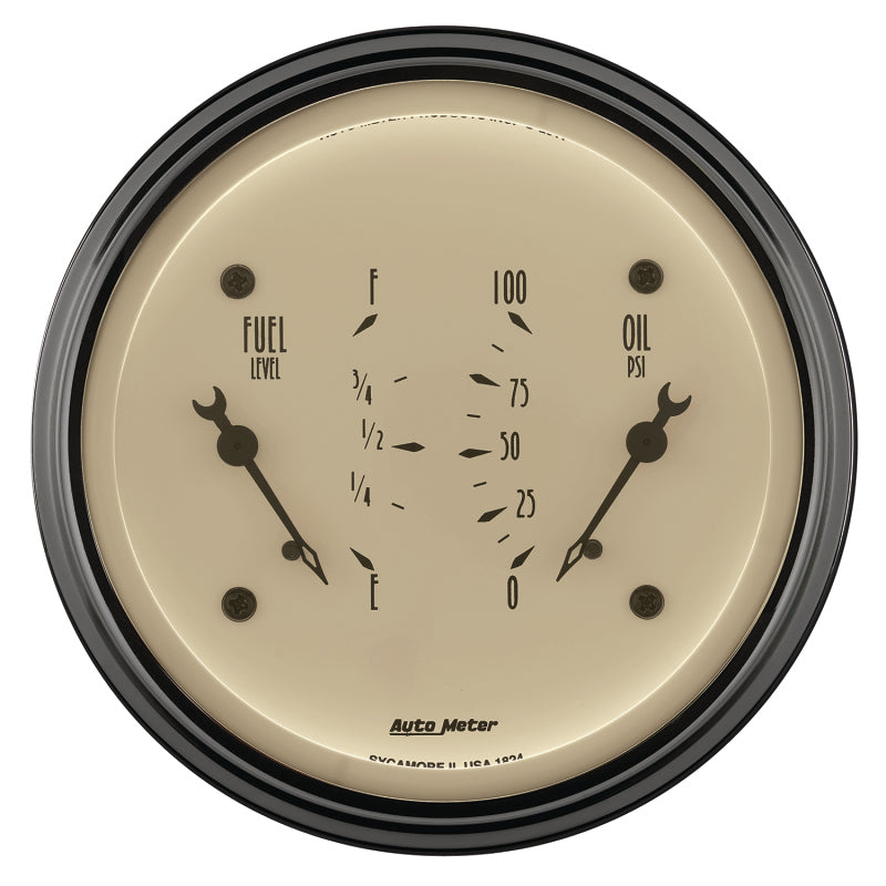 AutoMeter Gauge Dual Fuel & Oilp 3-3/8in. 0 Ohm(e) to 90 Ohm(f)& 100PSI Elec Antq Beige Gauges AutoMeter