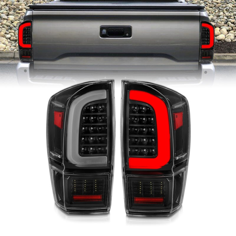 ANZO 16-21 Toyota Tacoma LED Tail Lights - w/ Light Bar Sequential Black Housing & Clear Lens Tail Lights ANZO