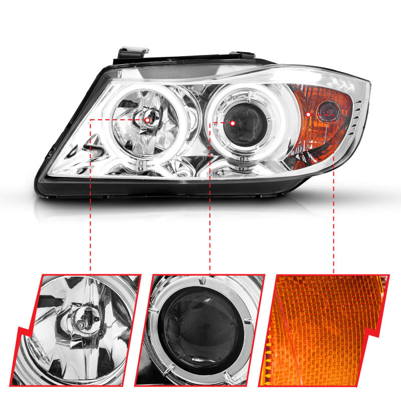 ANZO 2006-2008 BMW 3 Series E90-E91 Projector Headlights w/ Halo w/ LED Bar Chrome (CCFL) Headlights ANZO