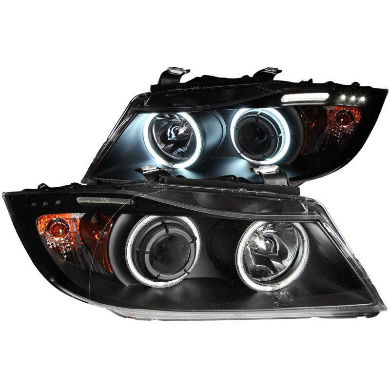 ANZO 2006-2008 BMW 3 Series E90-E91 Projector Headlights w/ Halo w/ LED Bar Black (CCFL) Headlights ANZO