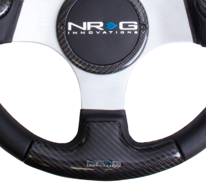 NRG Carbon Fiber Steering Wheel (350mm) Silver Frame Blk Stitching w/Rubber Cover Horn Button Steering Wheels NRG