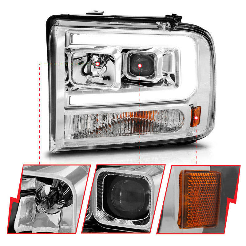 ANZO 99-04 Ford F250/F350/F450/Excursion (excl 99) Projector Headlights - w/Light Bar Chrome Housing Headlights ANZO