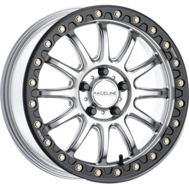 Raceline A14SB Alpha 15x10in/4x137 BP/10mm Offset/110.18mm Bore - Silver & Blk Ring Beadlock Wheel Wheels - Cast Raceline