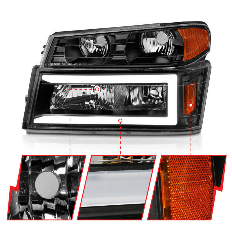 ANZO 04-12 GM Colorado/Canyon/I-Series Crystal Headlights - w/ Light Bar Black Housing 4pcs Headlights ANZO
