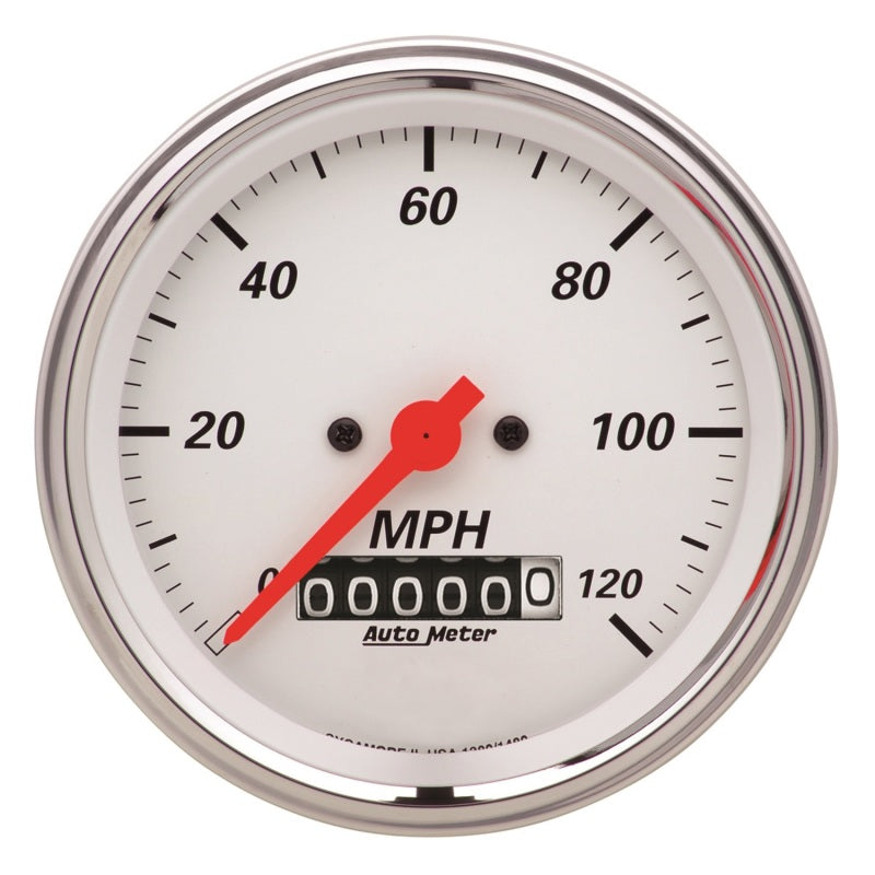 AutoMeter Gauge Speedometer 3-3/8in. 120MPH Elec. Prog. W/ Wheel Odo Arctic White Gauges AutoMeter