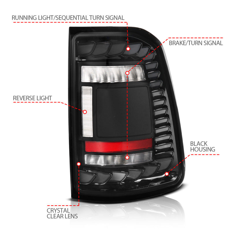 ANZO 19-24 RAM 1500 (Factory Halogen Models) Full LED Tail Lights SeqSig Black - Pair Tail Lights ANZO