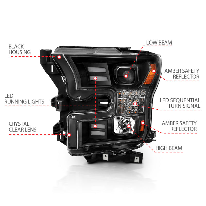 ANZO 15-17 Ford F-150 Project Headlights w/ Plank Style Design Black w/ Amber Sequential Turn Signal Headlights ANZO