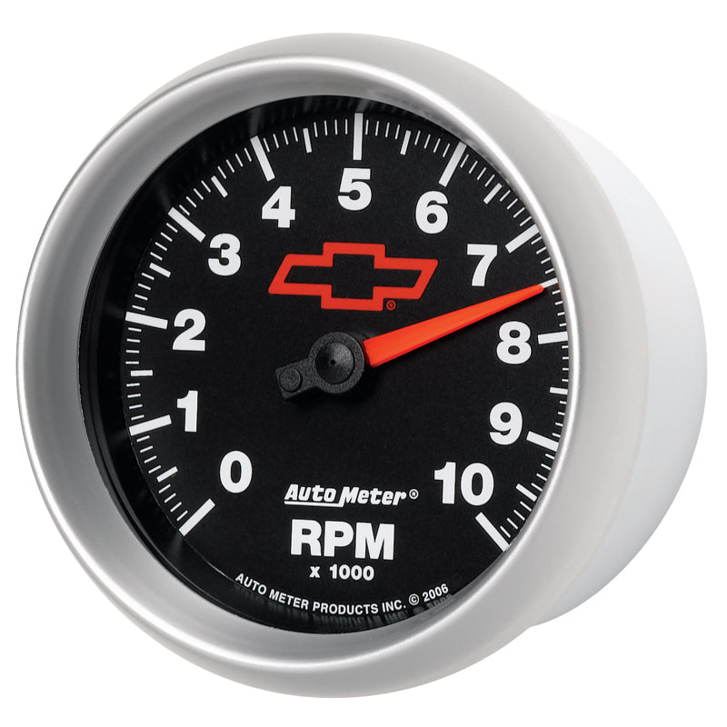 AutoMeter Gauge Tachometer 3-3/8in. 10K RPM In-Dash Chevy Red Bowtie Black Gauges AutoMeter