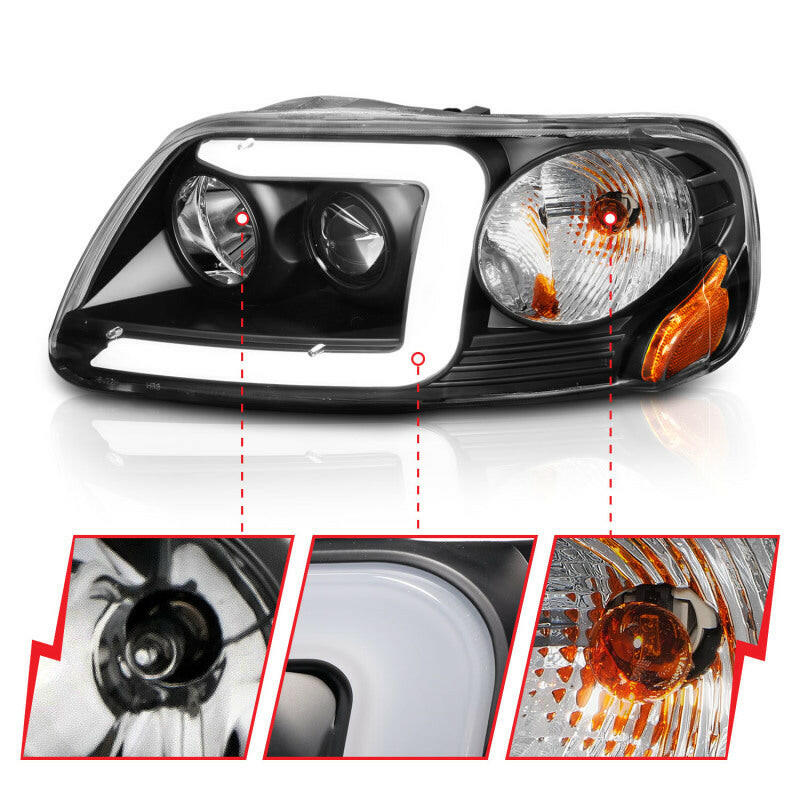 ANZO 1997-2003 Ford F-150 Projector Headlights w/ Light Bar Black Housing Headlights ANZO