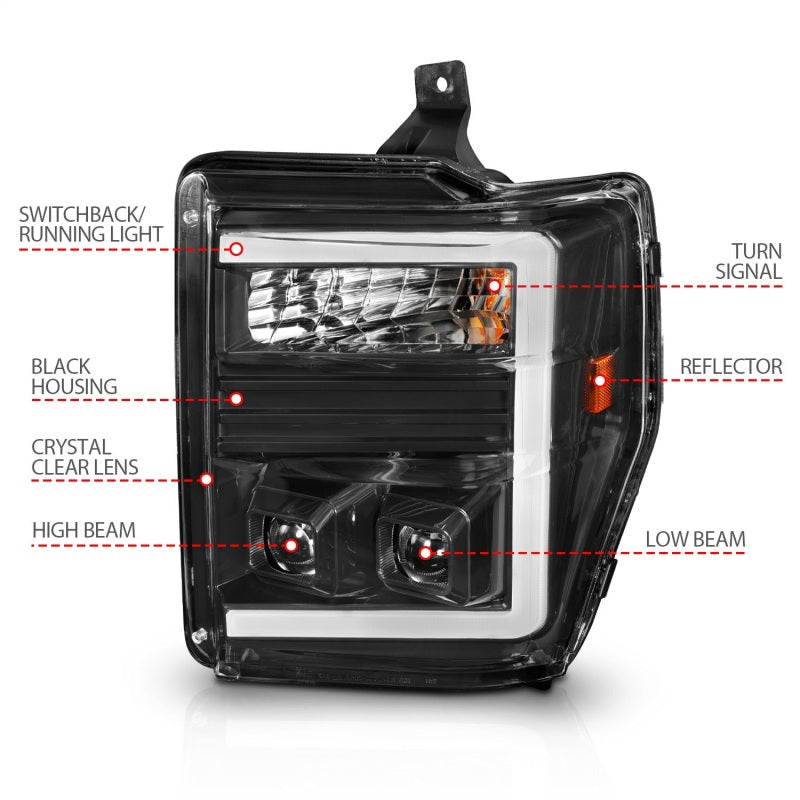 ANZO 08-10 Ford F-250 - F-550 Super Duty Projector Headlights w/ Light Bar Switchback Black Housing Headlights ANZO