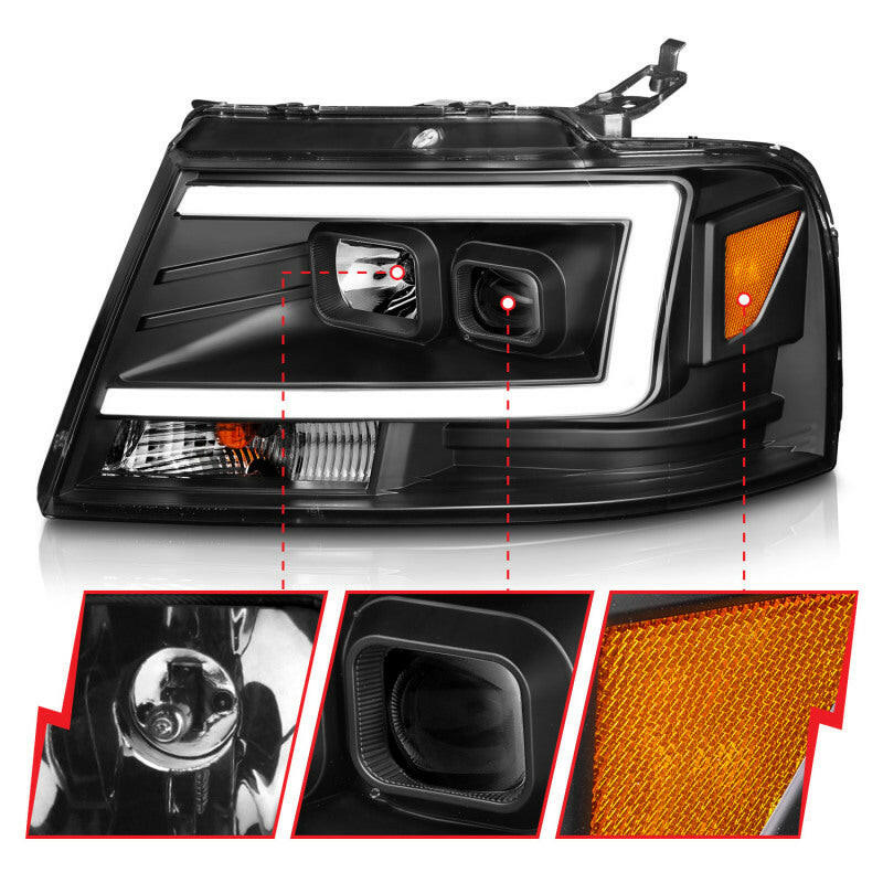ANZO 2004-2008 Ford F-150 Projector Headlights w/ Light Bar Black Housing Headlights ANZO
