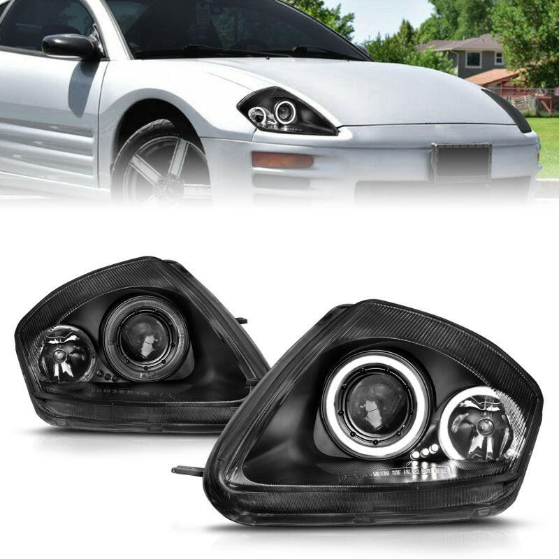 ANZO 2000-2005 Mitsubishi Eclipse Projector Headlights w/ Halo Black Headlights ANZO