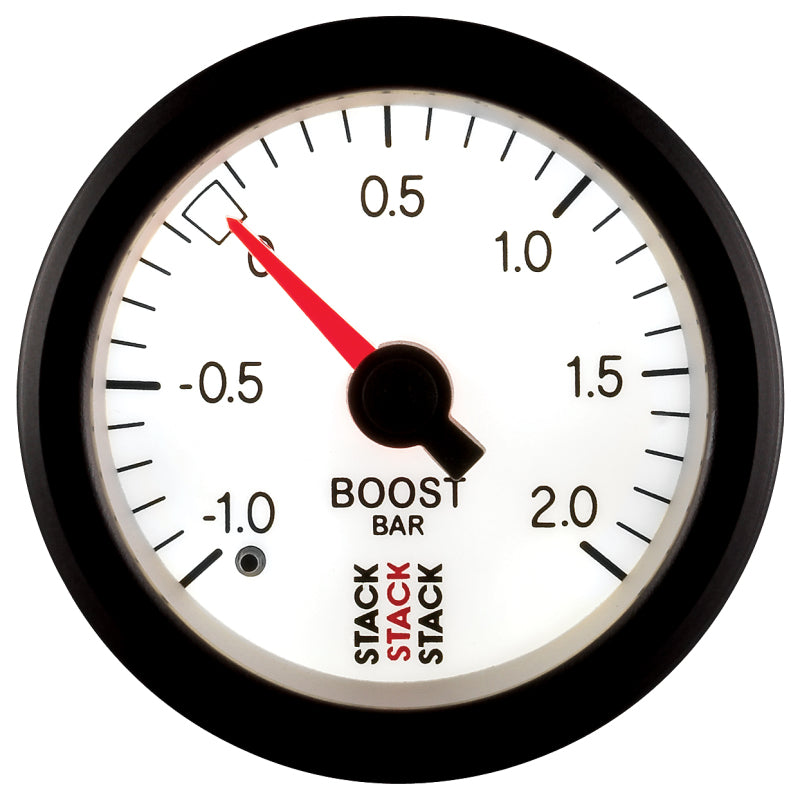 Autometer Stack 52mm -1 to +2 Bar T-Fitting 0.187in Barb (M) Mechanical Boost Pressure Gauge - White Gauges AutoMeter
