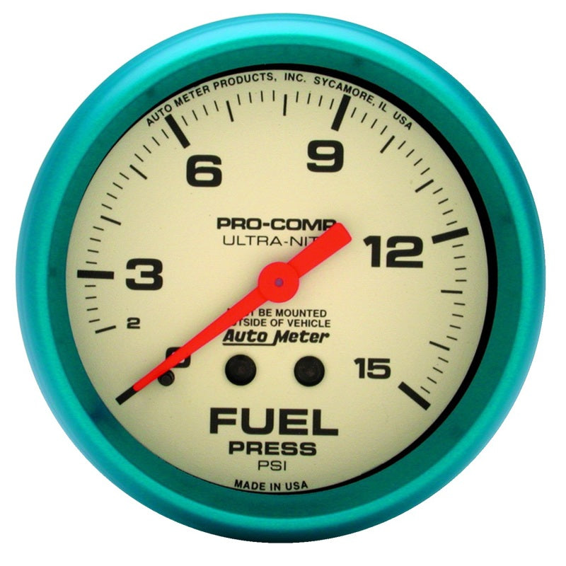 AutoMeter Gauge Fuel Press 2-5/8in. 15PSI Mech. Glow In The Dark Ultra-Nite Gauges AutoMeter
